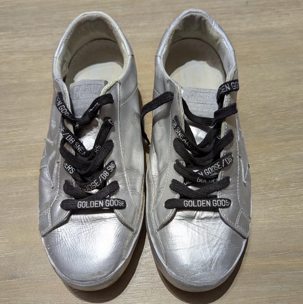 GOLDEN GOOSE SUPERSTAR RAY Silver Metallic Leather Star Patch Sneakers